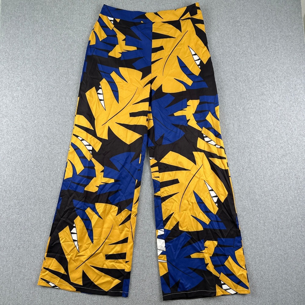 Wide Leg Pants Womens M Tropical Palm Leaf Yellow Blue Multi